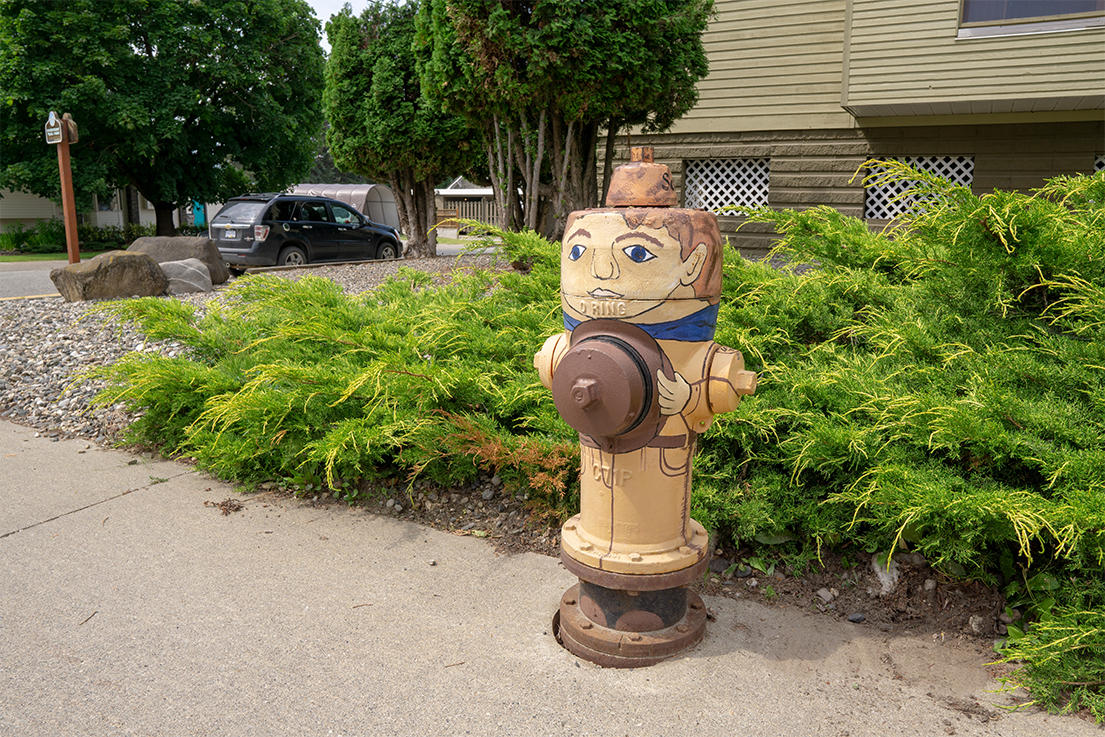 Painted fire hydrant character on the self-guided walking tour
