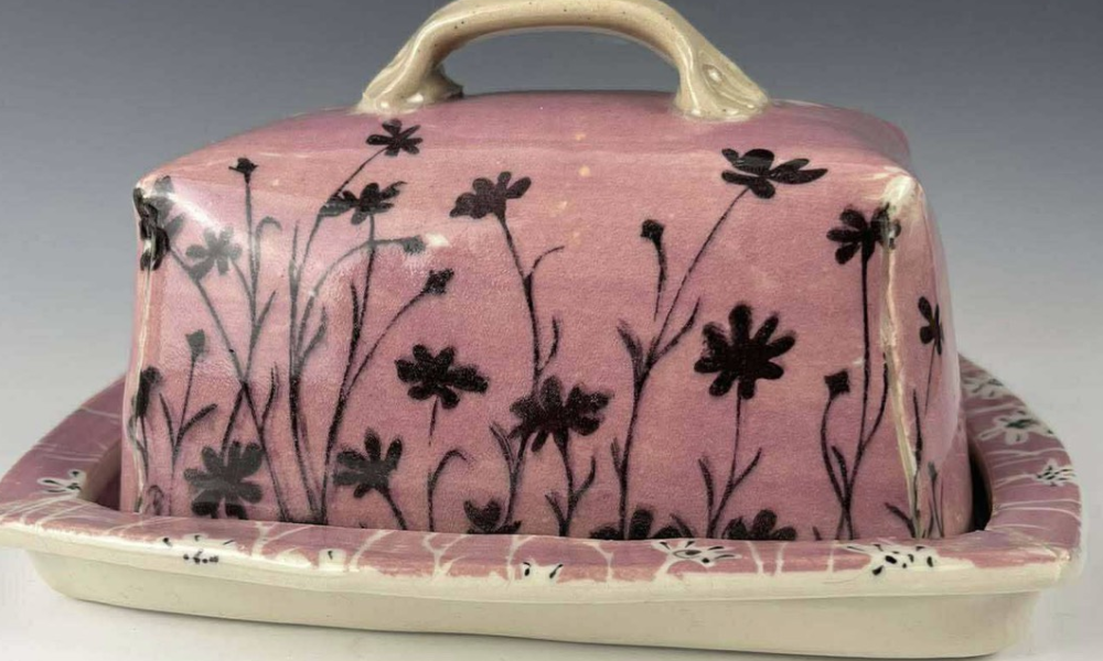 Pink Butter tray with black painted flowers