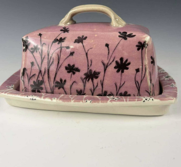Pink Butter tray with black painted flowers