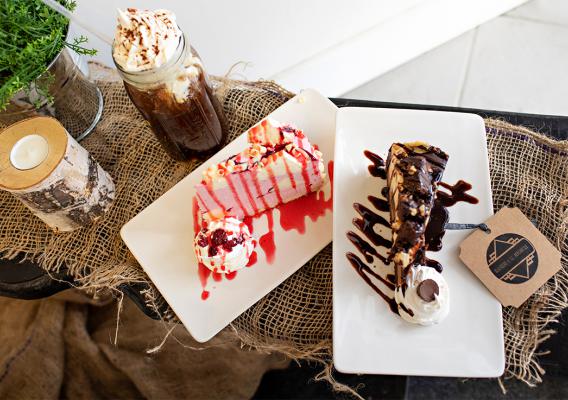 •	Chocolate and Strawberry cake with iced lattes, Italian floats, drowned espresso